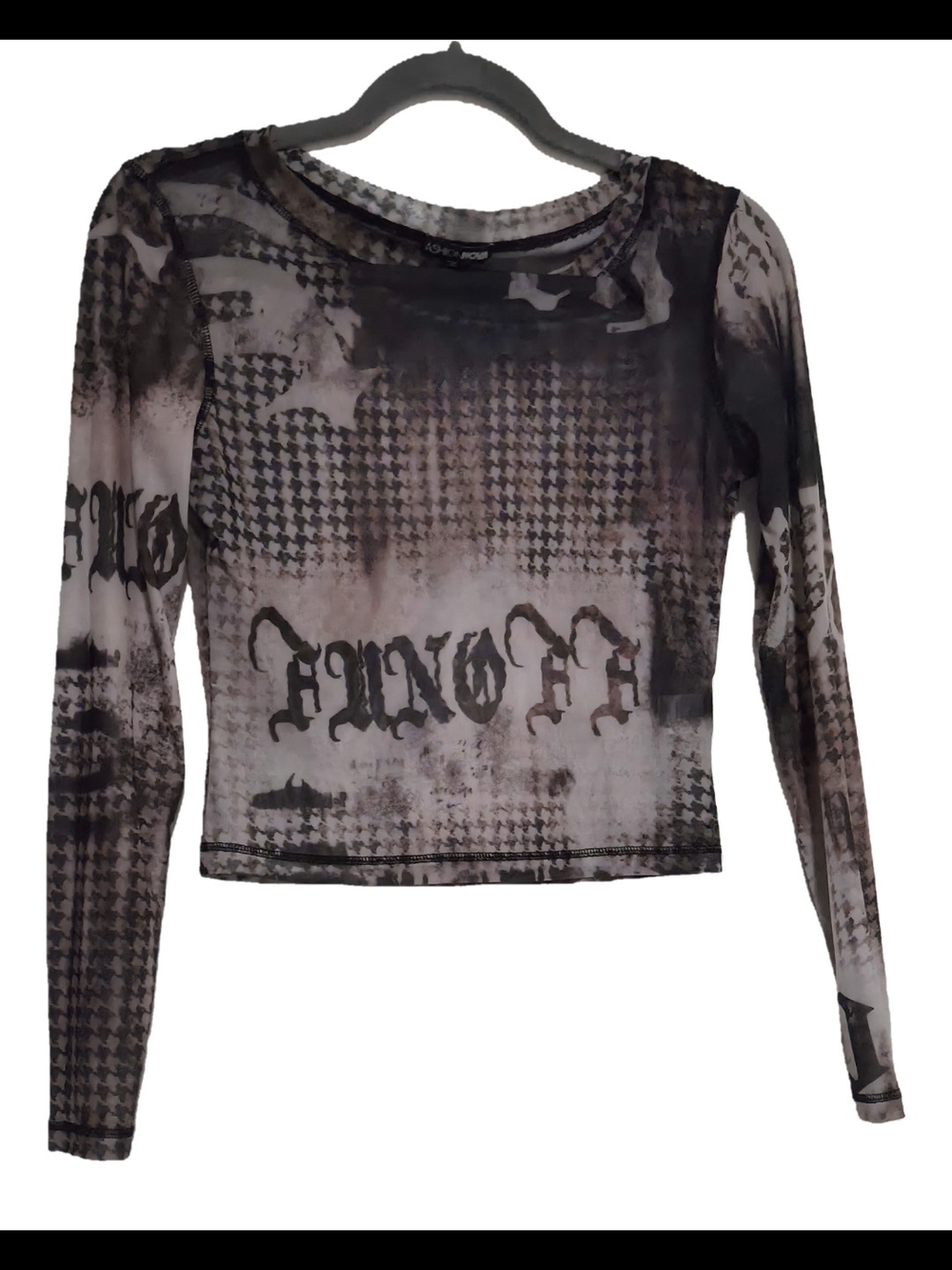 Sheer Long-Sleeve Graphic Mesh Top - Black/Gray